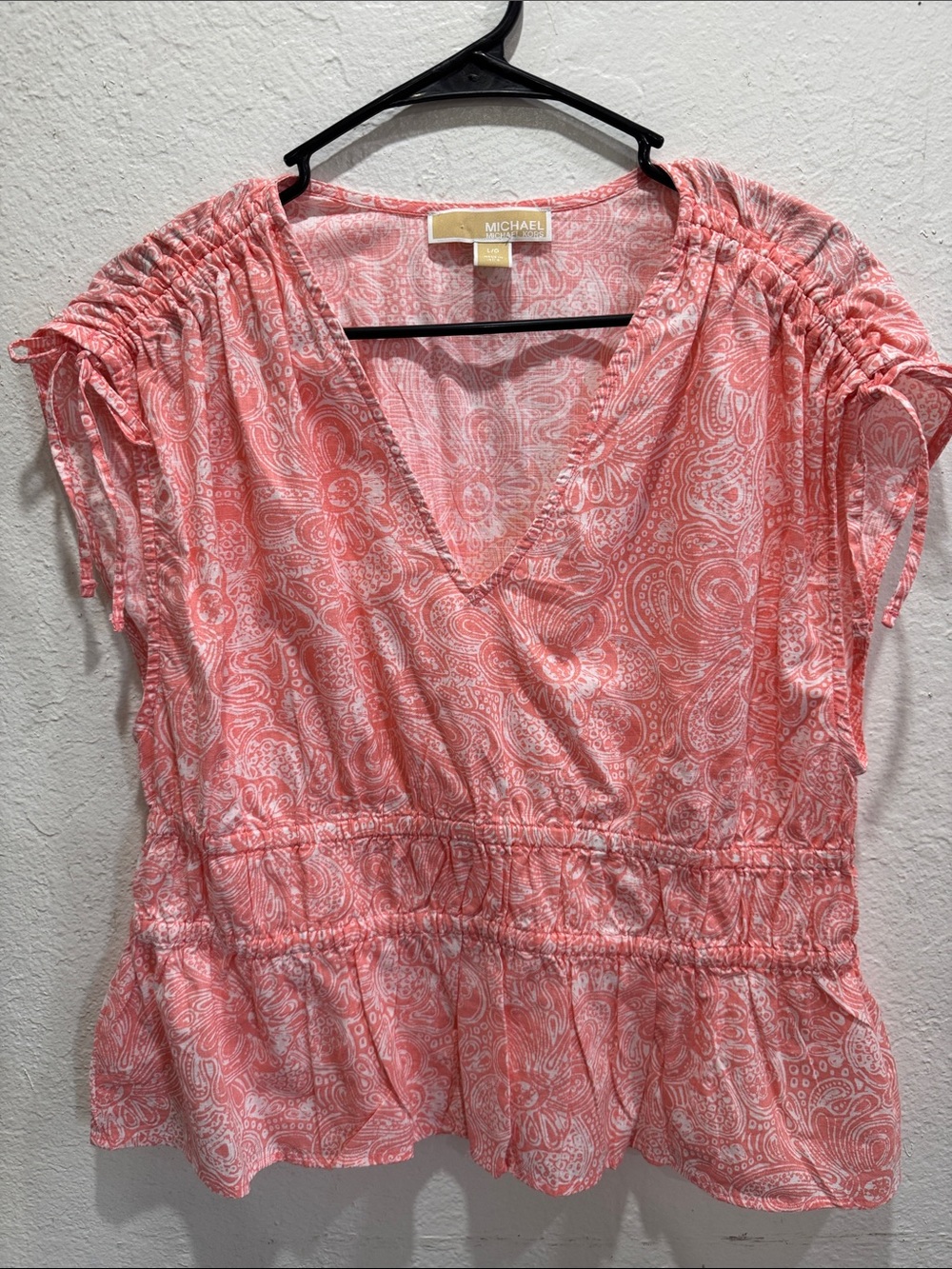 MICHAEL Michael Kors Coral Pink Paisley V-Neck Peplum Top